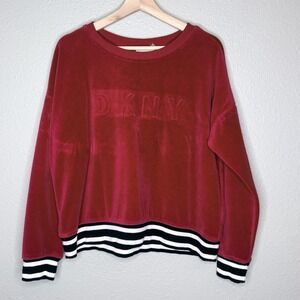 DKNY Sport Red Velour Logo Sweatshirt Y2K Striped Rib Hem Crewneck Pullover M